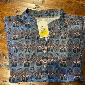 La Mode Grey & Teal abstract V neck top-Large